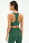 A woman is shown from the back in a matching SPLITS59 Sara Airweight Bra in Arugula and high-waisted leggings, set against a plain light background.