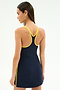 A woman faces away, wearing the SPLITS59 Ella Airweight Dress in Indigo/Bright Yellow—a sleeveless racerback style with yellow trim and stripes, made from a comfy nylon spandex blend—set against a plain light background.