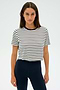 A person wearing the SPLITS59 Djuna Crop Ringer in Indigo Stripe and dark leggings stands against a plain background, ready for gym workouts.