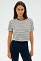 A person wearing the SPLITS59 Djuna Crop Ringer in Indigo Stripe and dark leggings stands against a plain background, ready for gym workouts.