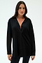 A woman with long dark hair wears the SPLITS59 Kate Airweight Lite Button Down and black pants, standing against a plain white background.