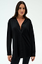 A woman with long dark hair wears the SPLITS59 Kate Airweight Lite Button Down and black pants, standing against a plain white background.