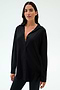 A woman with long dark hair models the SPLITS59 Kate Airweight Lite Button Down and black pants, standing against a plain white background.