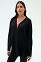 A woman with long dark hair models the SPLITS59 Kate Airweight Lite Button Down and black pants, standing against a plain white background.