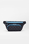 The MZW x Splits59 Small Metro Sling by SPLITS59 is a black quilted belt bag featuring two zippered compartments, blue trim, and "MZ WALLACE" on the front pocket.