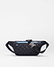 The SPLITS59 MZW x Splits59 Small Metro Sling is a black quilted waist bag with a blue front zip pocket and adjustable buckle strap, shown on a plain white background.
