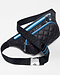 The SPLITS59 MZW x Splits59 Small Metro Sling features a black quilted design, blue zipper accents, an adjustable black strap with blue stripes, and silver hardware, shown against a white background.