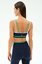 Woman wearing the SPLITS59 Eva Rigor Double Strap Bra in Indigo/Spearmint, shown from the back against a plain light background.