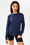 Front shot of woman with dark straight hair, wearing dark blue sweatshirt with black shorts 