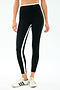 A person wears SPLITS59 Sam High Waist Rigor 7/8 leggings in Black/Military with white and green side stripes, paired with white athletic sneakers featuring green stripes.