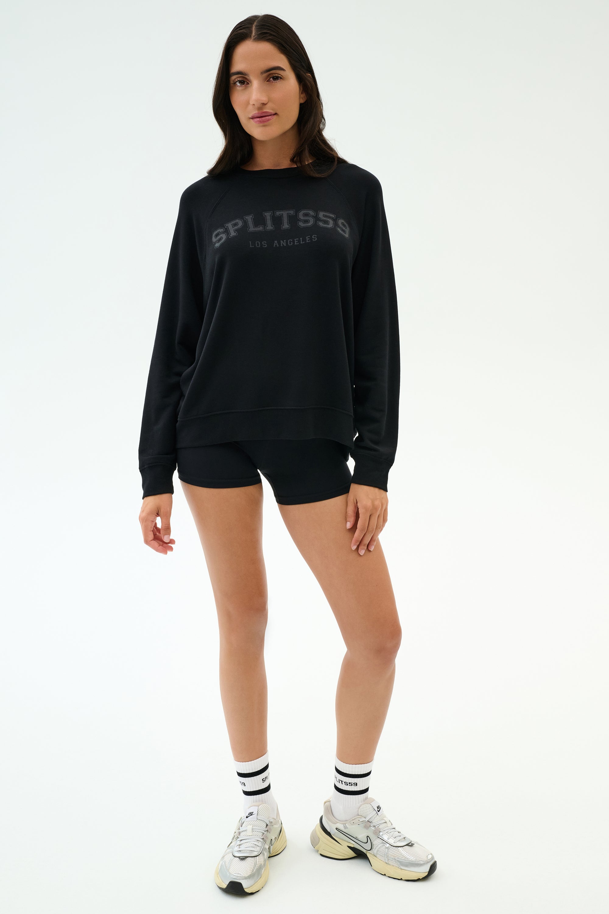 Andie Oversized Fleece Varsity Graphic Sweatshirt - Black/Splits59