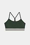The SPLITS59 Cali Active Rib Bra is a dark green sports bra with thin straps, a racerback design, and white and black striped bands at the bottom.