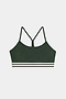 The SPLITS59 Cali Active Rib Bra is a dark green sports bra with thin straps, a racerback design, and white and black striped bands at the bottom.