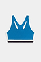 The SPLITS59 Maci Airweight Bra in Stone Blue/Graphite features racerback straps and white and black trim along the bottom band, shown against a plain white background.