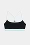 The SPLITS59 Emerson Airweight Bra in Black/Ice features thin white straps and a light blue band, ideal for Pilates or hot yoga. Shown against a plain white background.