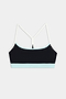 The SPLITS59 Emerson Airweight Bra in Black/Ice features thin white straps and a light blue band, ideal for Pilates or hot yoga. Shown against a plain white background.