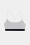 The SPLITS59 Emerson Airweight Bra in Dove Grey/Indigo features thin white straps, a light blue neckline trim, and a black elastic band—ideal for hot yoga or Pilates.