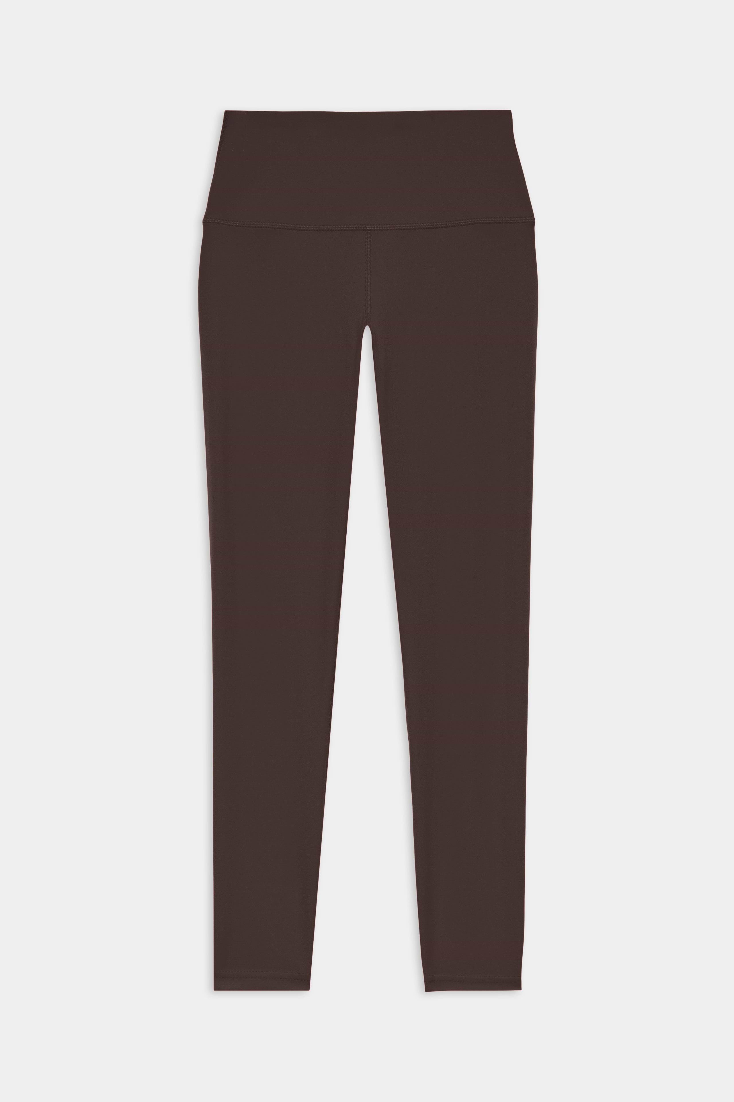 The SPLITS59 Airweight High Waist Legging in Dark Chocolate features a full-length, high-waisted design and ultra-soft fabric, shown against a white background—ideal for hot yoga sessions.