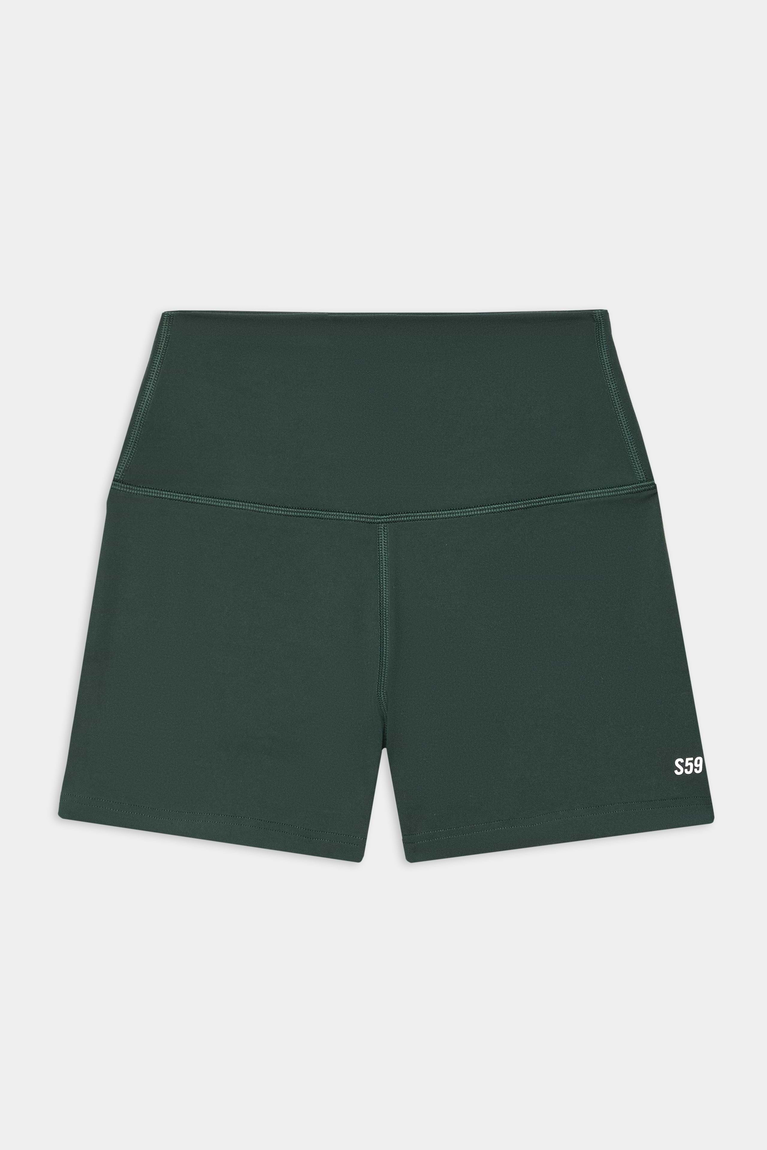 SPLITS59 Airweight High Waist 3.5” Short in Military: dark green spandex activewear shorts with visible stitching and a small white "S59" logo on the front left leg.