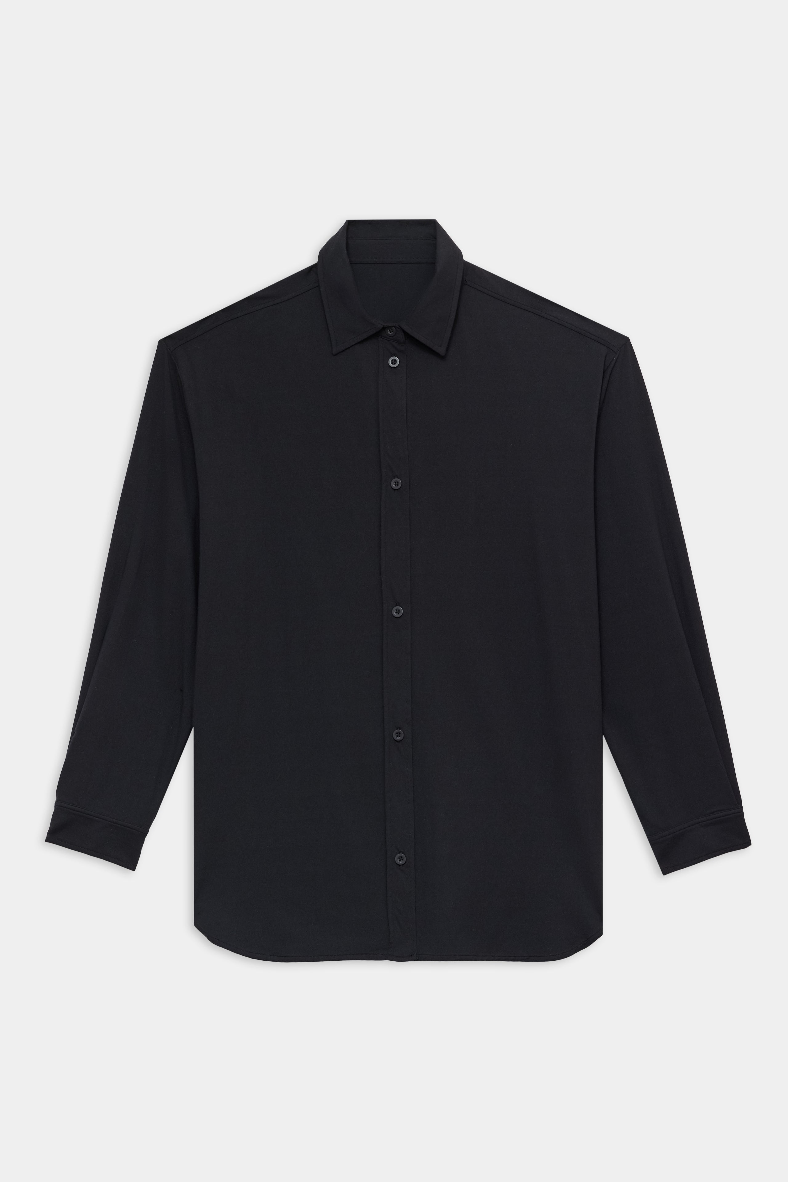 The SPLITS59 Kate Airweight Lite Button Down in black features long sleeves, a collar, and is crafted from lightweight fabric—ideal for sleek layering. Displayed on a plain white background.
