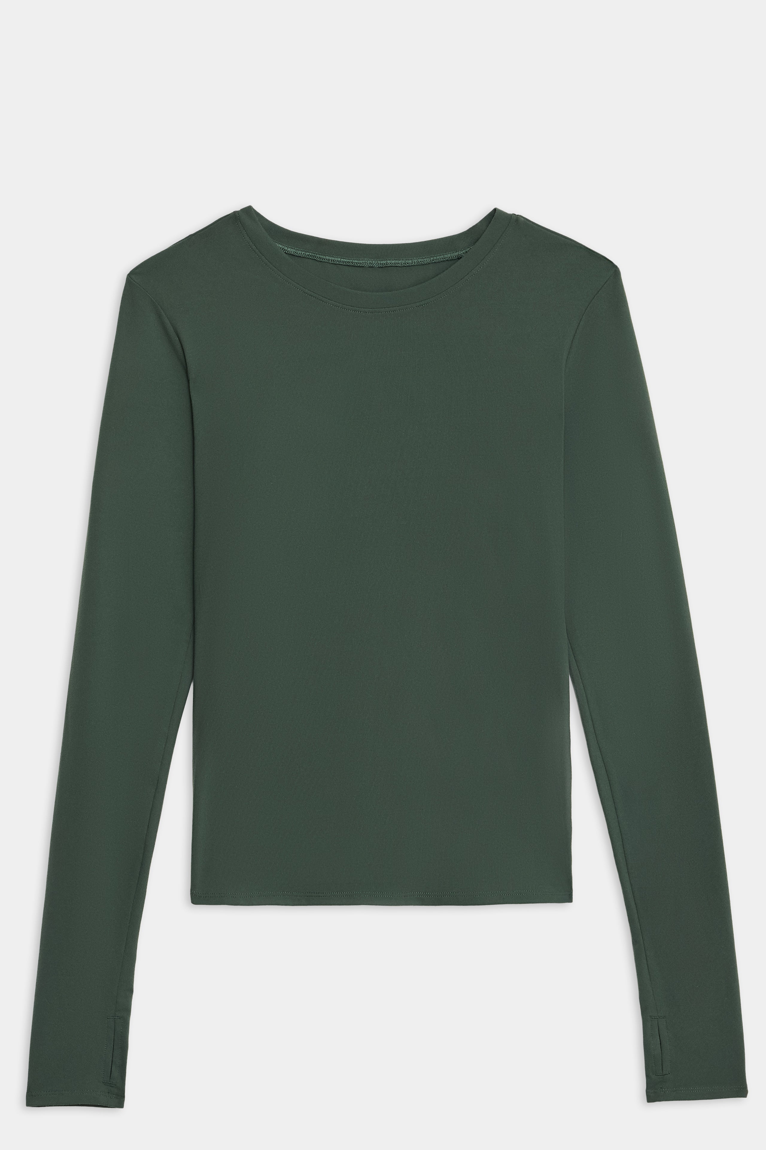 The SPLITS59 Airweight Lite LS Waist Length, a dark green, crew neck long-sleeve shirt, is displayed flat on a white background.