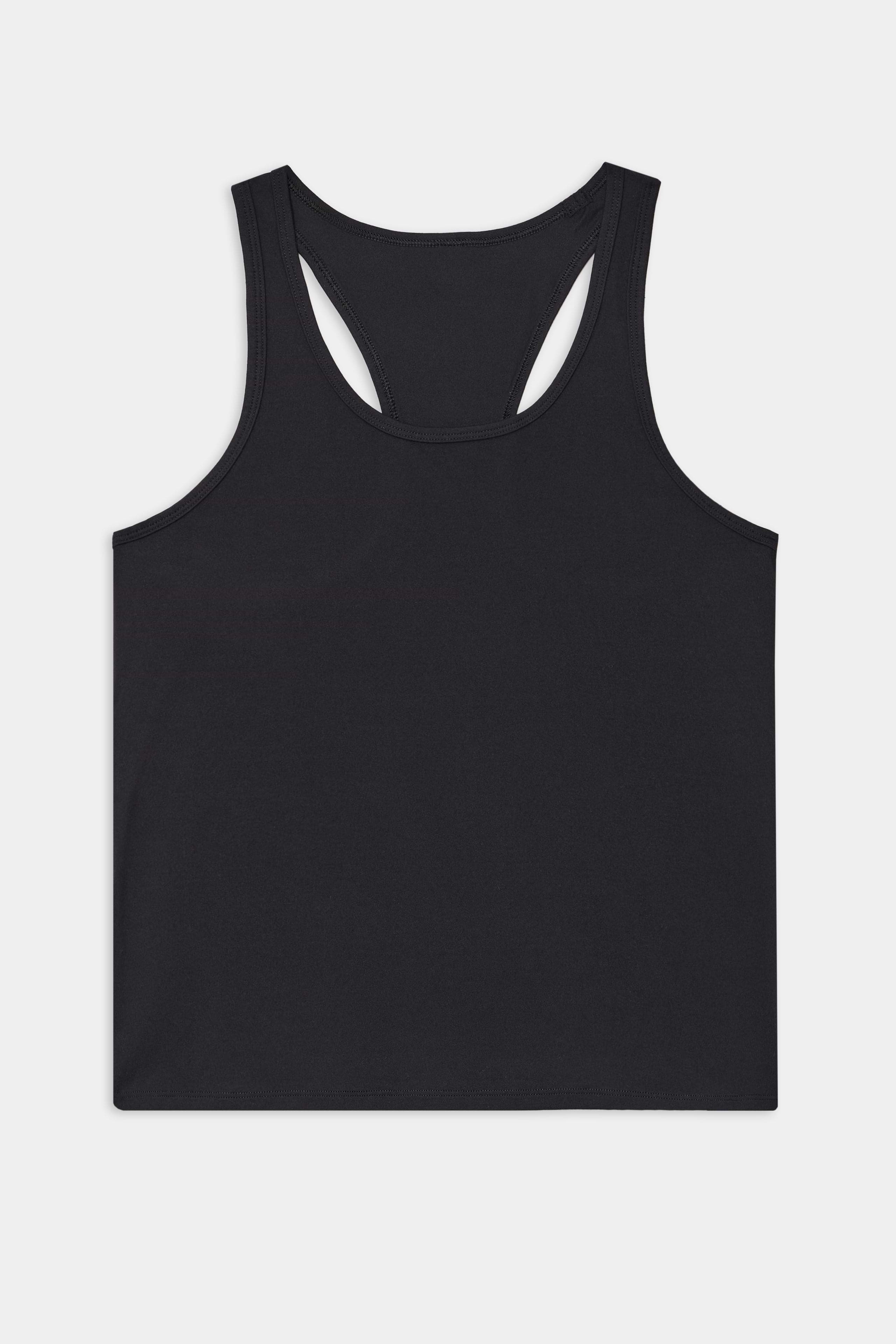 The SPLITS59 Mel Airweight Lite Tank in black is a racerback style, shown laid flat on a white background.