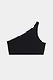 The SPLITS59 Josie Airweight One Shoulder Bra in Black/White features a white-trimmed neckline and is shown against a plain white background.