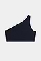 The SPLITS59 Josie Airweight One Shoulder Bra in Indigo/White features a stylish white trim along the neckline, ideal for hot yoga or Pilates, and is shown against a plain white background.