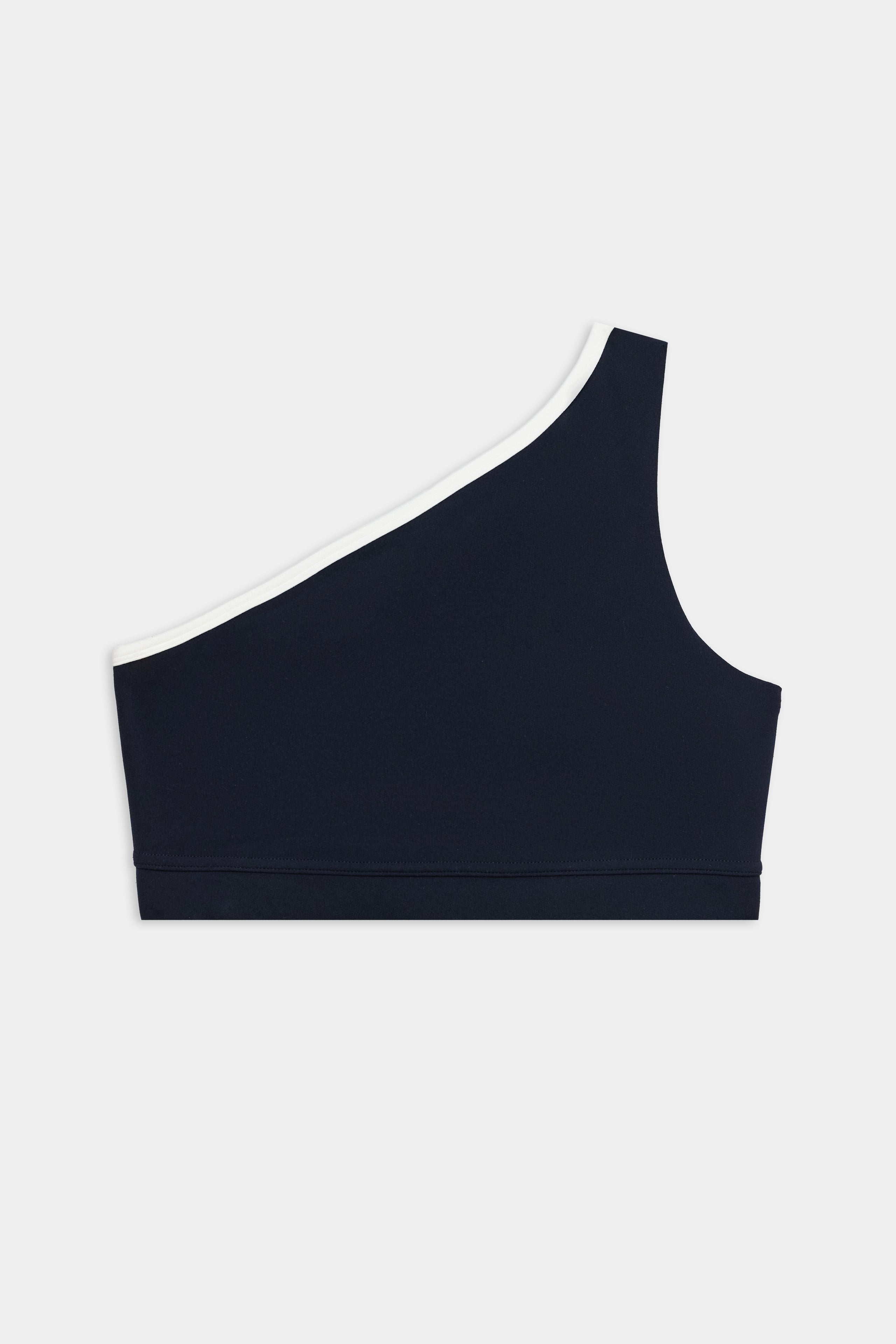 The SPLITS59 Josie Airweight One Shoulder Bra in Indigo/White features a stylish white trim along the neckline, ideal for hot yoga or Pilates, and is shown against a plain white background.