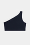 The SPLITS59 Josie Airweight One Shoulder Bra in Indigo/White features a stylish white trim along the neckline, ideal for hot yoga or Pilates, and is shown against a plain white background.