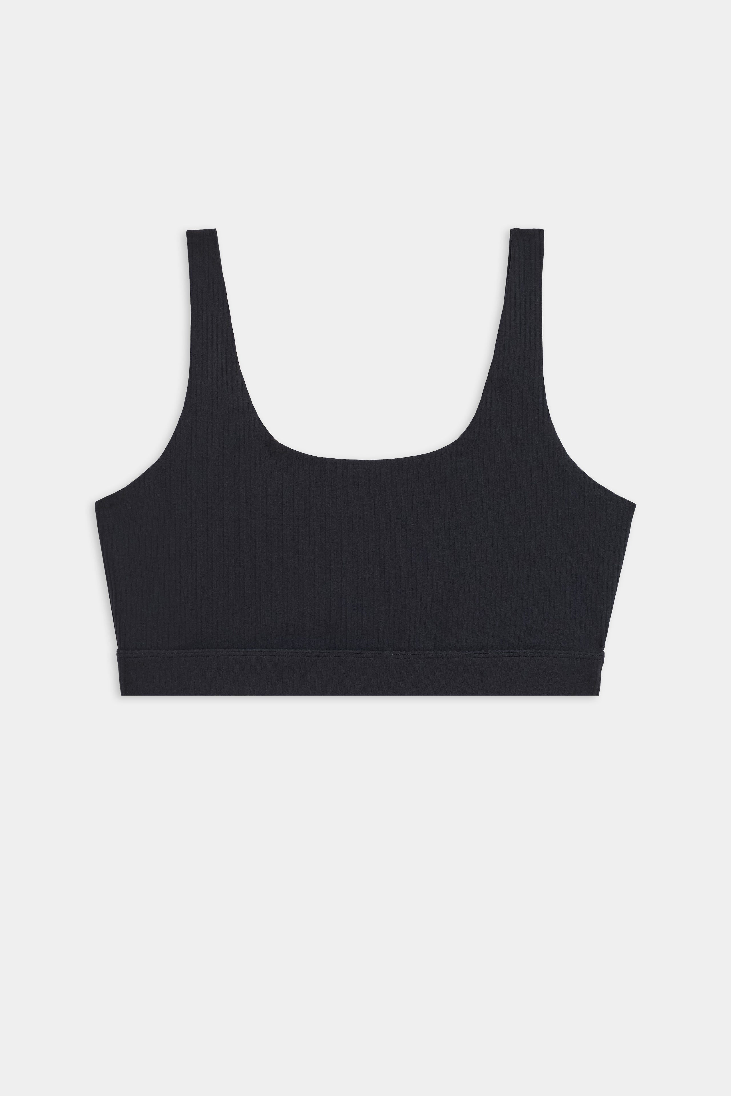 The SPLITS59 Airweight Rib Bra in black, featuring wide straps and a scoop neckline, is shown against a plain white background.