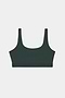 The SPLITS59 Airweight Rib Bra - Military features wide straps and a scoop neckline in dark green, made from a soft nylon-spandex blend and shown laid flat on a white background.