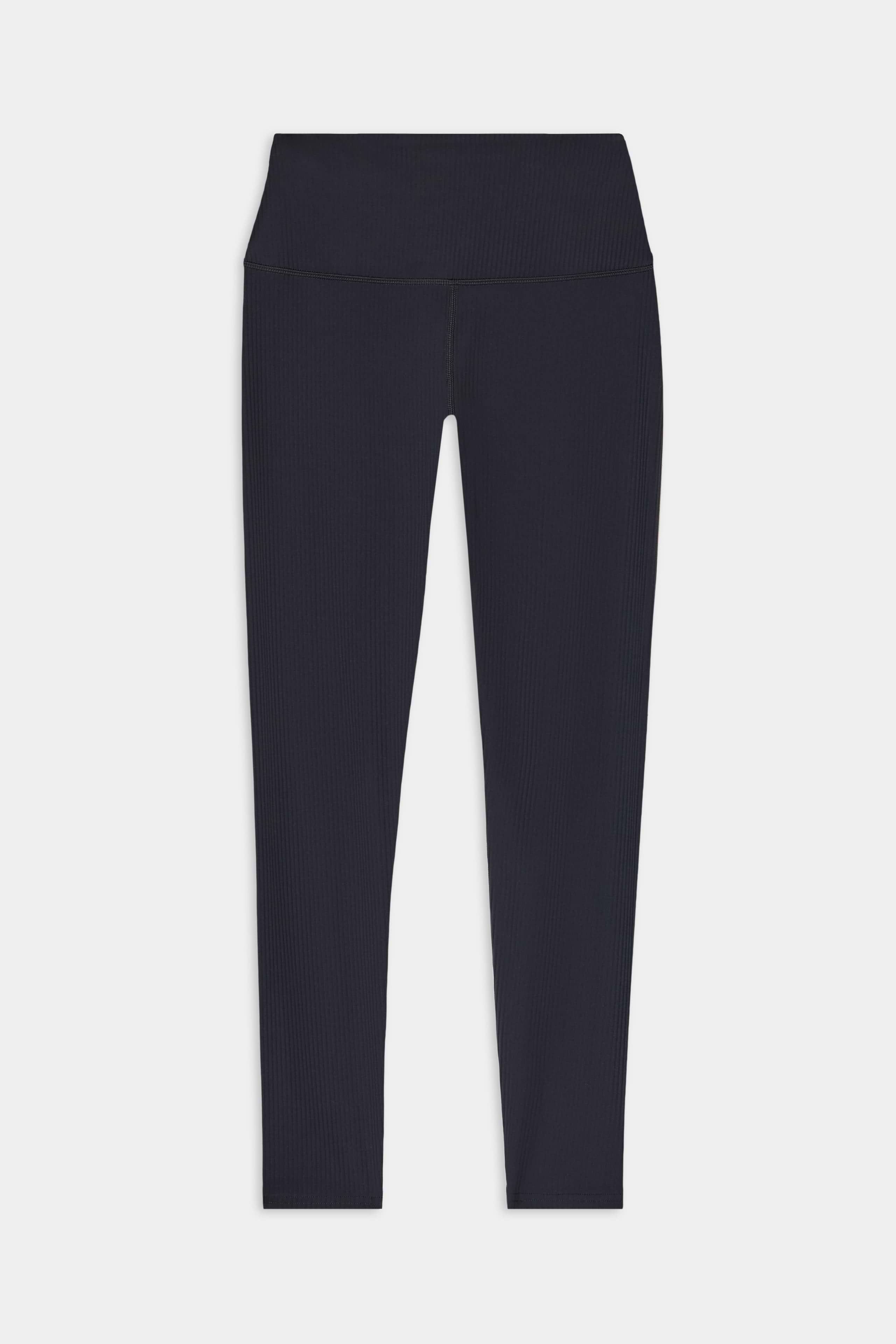 The SPLITS59 Airweight Rib High Waist 7/8 leggings in black are shown on a white background—ideal for hot yoga or Pilates.