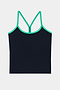 The SPLITS59 Airweight Tank in Indigo/Spearmint features a stretchy nylon-spandex blend with thin spearmint straps and trim along the neckline, shown on a white background.