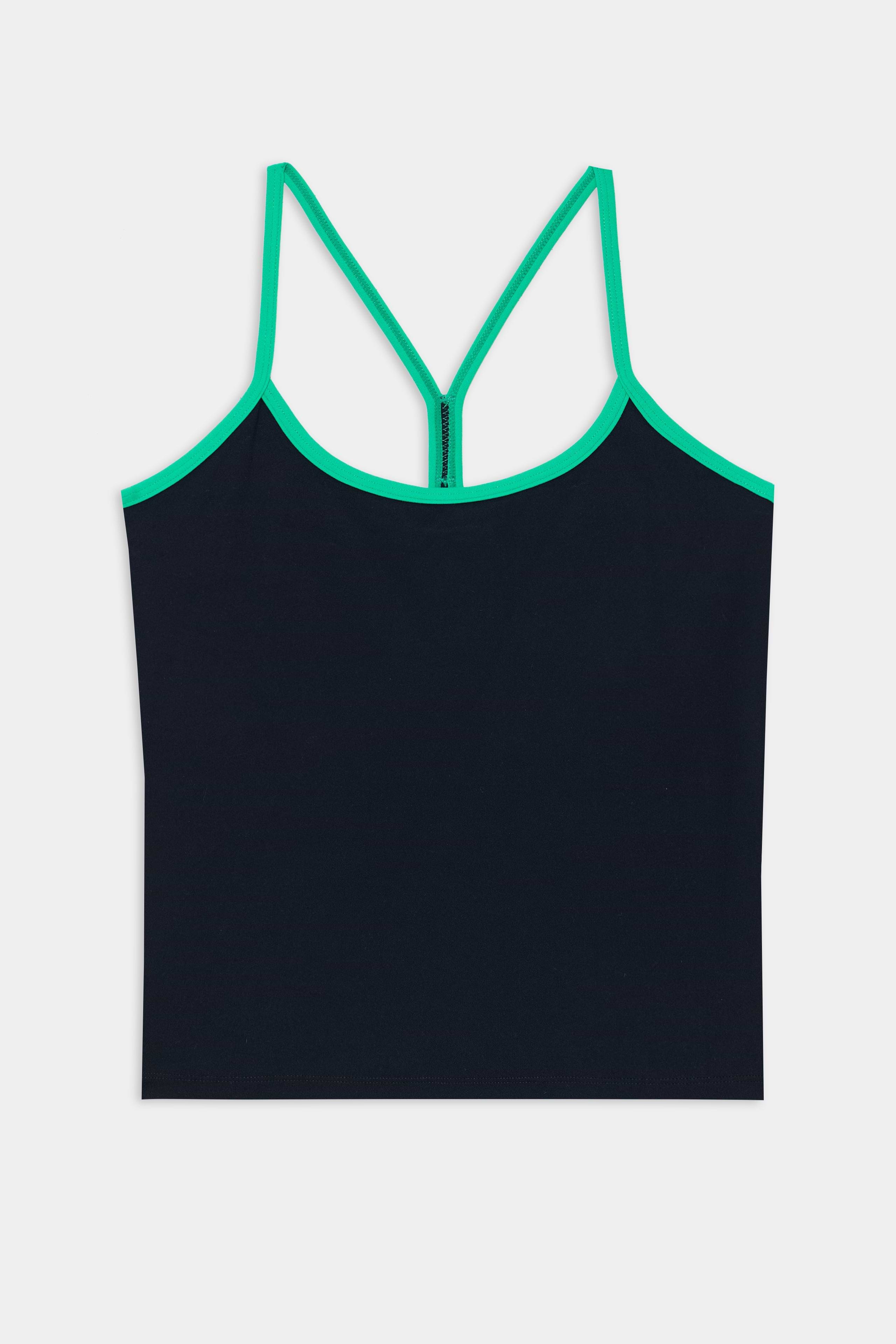 The SPLITS59 Airweight Tank in Indigo/Spearmint features a stretchy nylon-spandex blend with thin spearmint straps and trim along the neckline, shown on a white background.