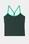 The SPLITS59 Airweight Tank in Military/Spearmint features a dark green body with thin, bright green straps and trim, made from stretchy nylon spandex athletic fabric, displayed flat on a white background.