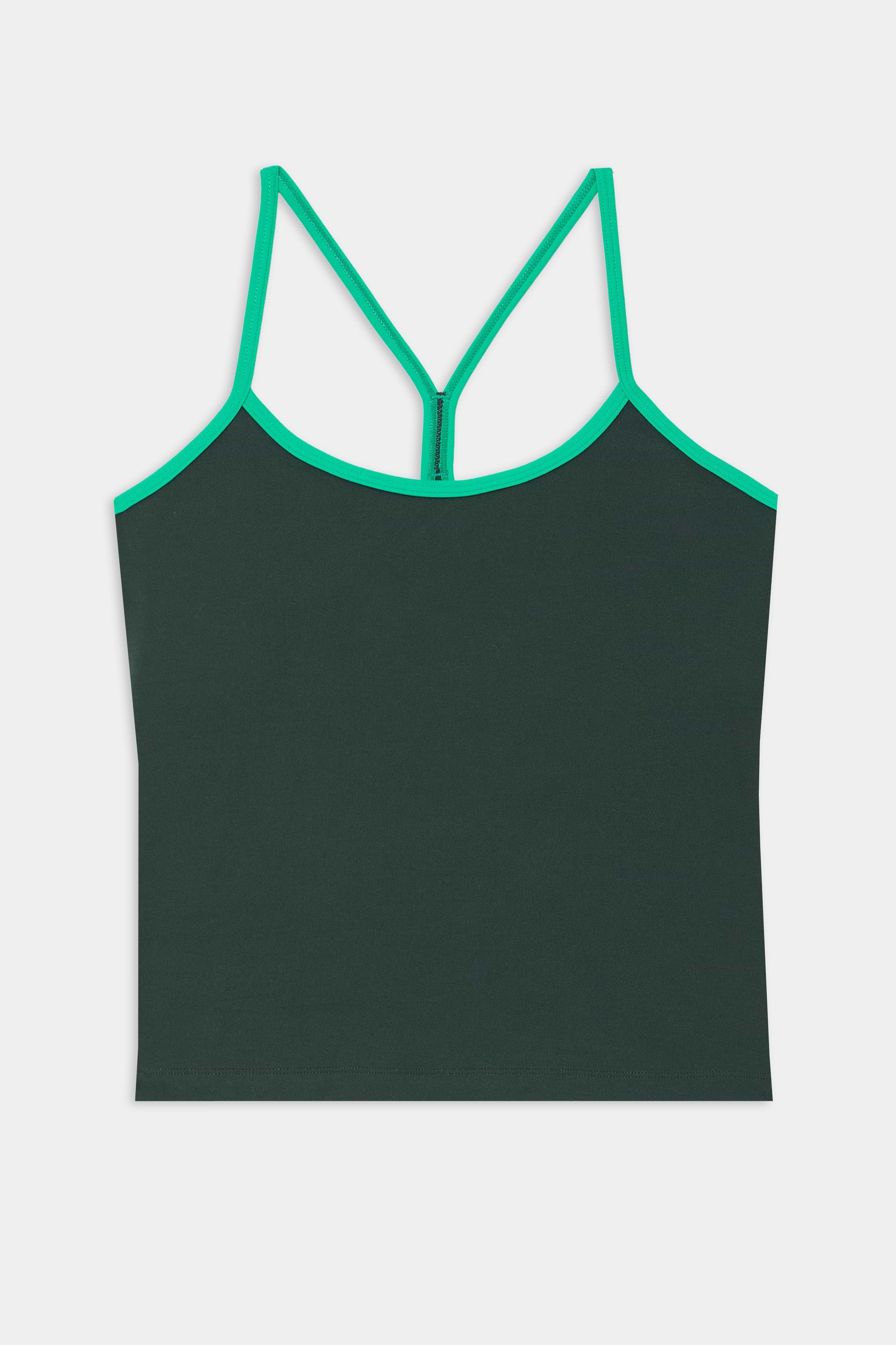 The SPLITS59 Airweight Tank in Military/Spearmint features a dark green body with thin, bright green straps and trim, made from stretchy nylon spandex athletic fabric, displayed flat on a white background.