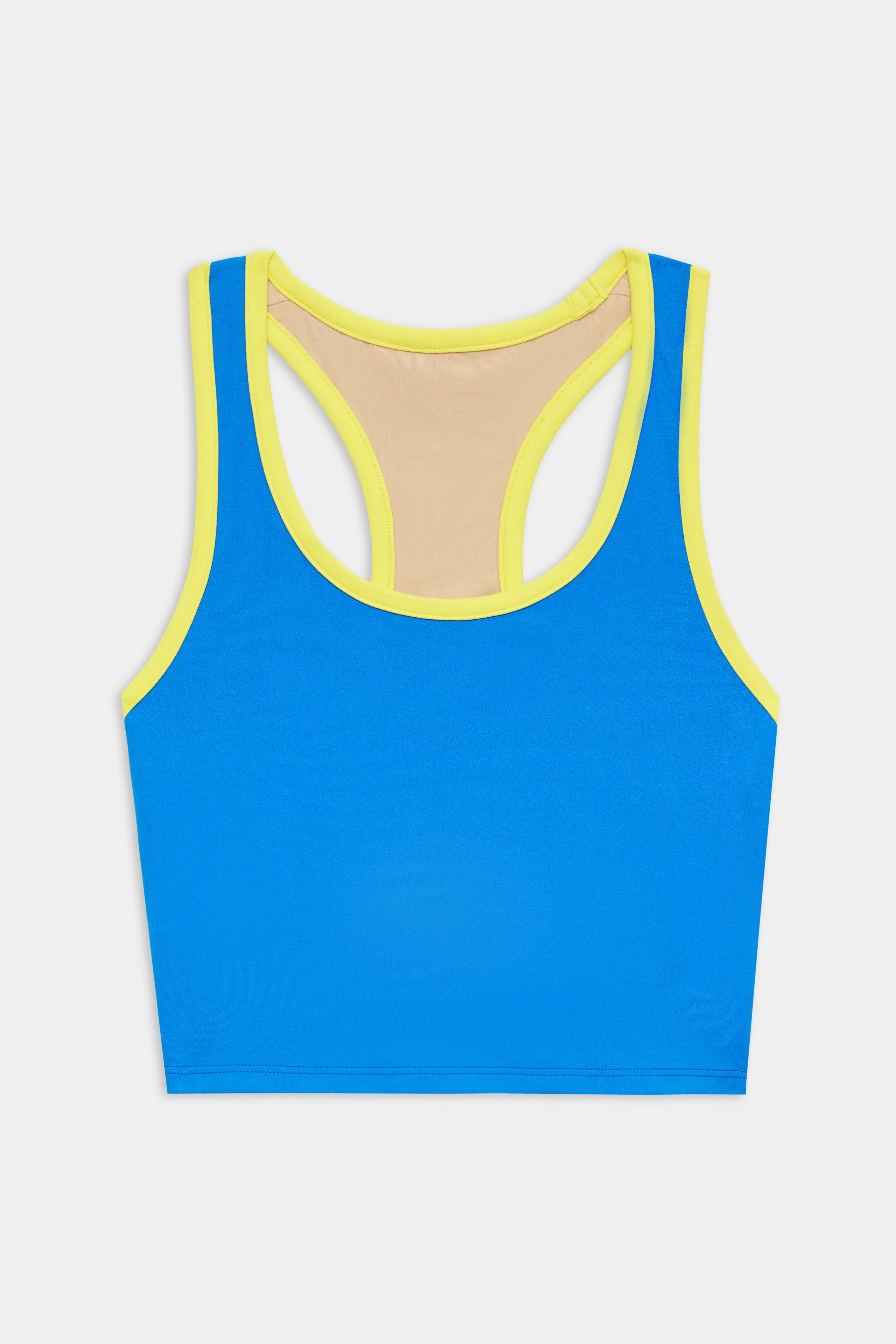 The SPLITS59 Amber Airweight Bralette in Classic Blue/Ray features a racerback design and yellow trim, crafted from Airweight performance fabric for hot yoga, shown on a plain white background.