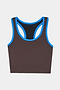 The SPLITS59 Amber Airweight Bralette in Dark Chocolate/Classic Blue, made from Airweight performance fabric with a racerback design, is laid flat on a white background—ideal for hot yoga sessions.