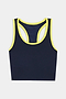 The SPLITS59 Amber Airweight Bralette in Indigo/Ray features a navy blue scoop-neck racerback design with yellow trim, made from Airweight performance fabric—perfect for hot yoga. Shown on a white background.