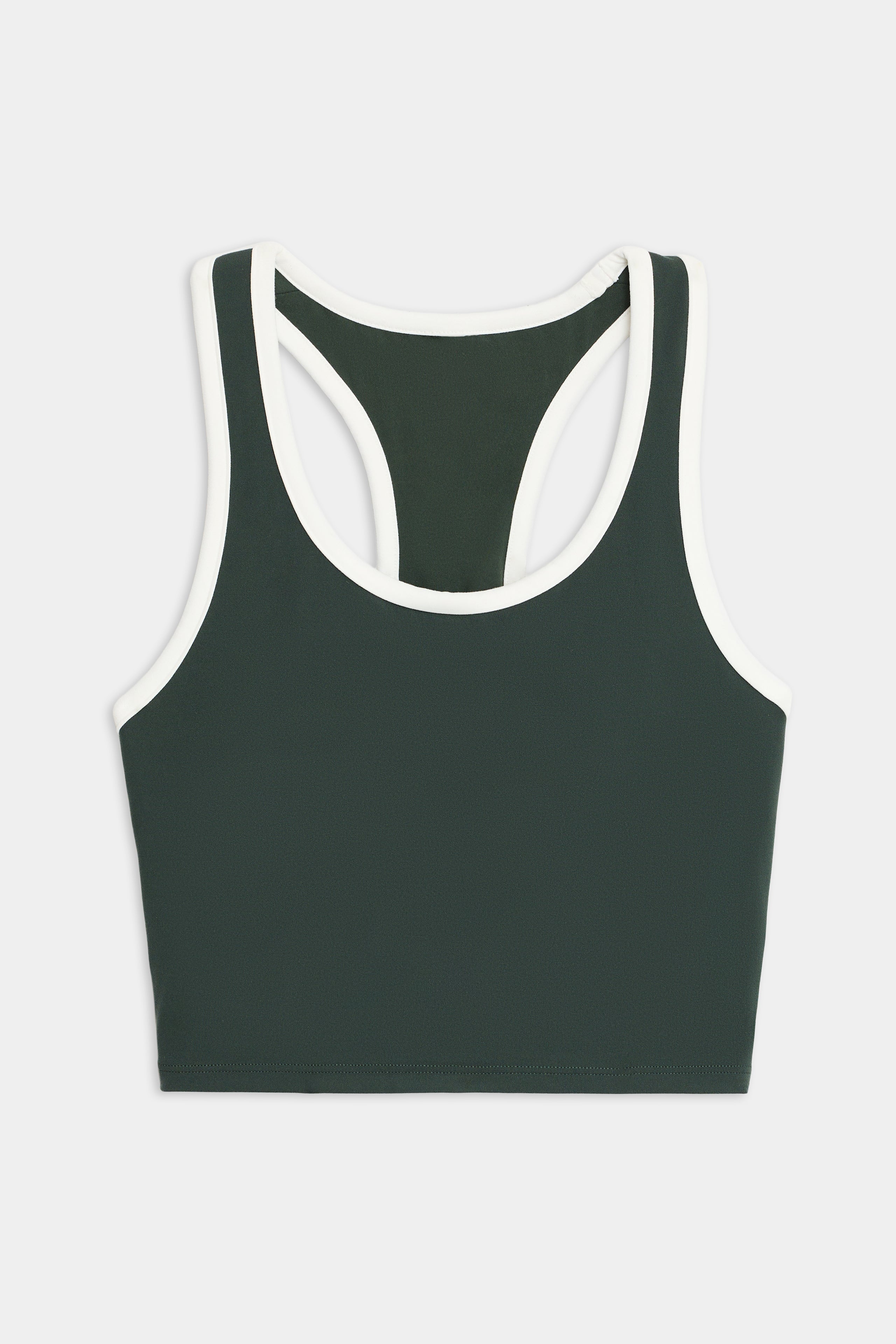 The SPLITS59 Amber Airweight Bralette, featuring a dark green hue with white trim and a racerback design, is displayed flat on a white background.