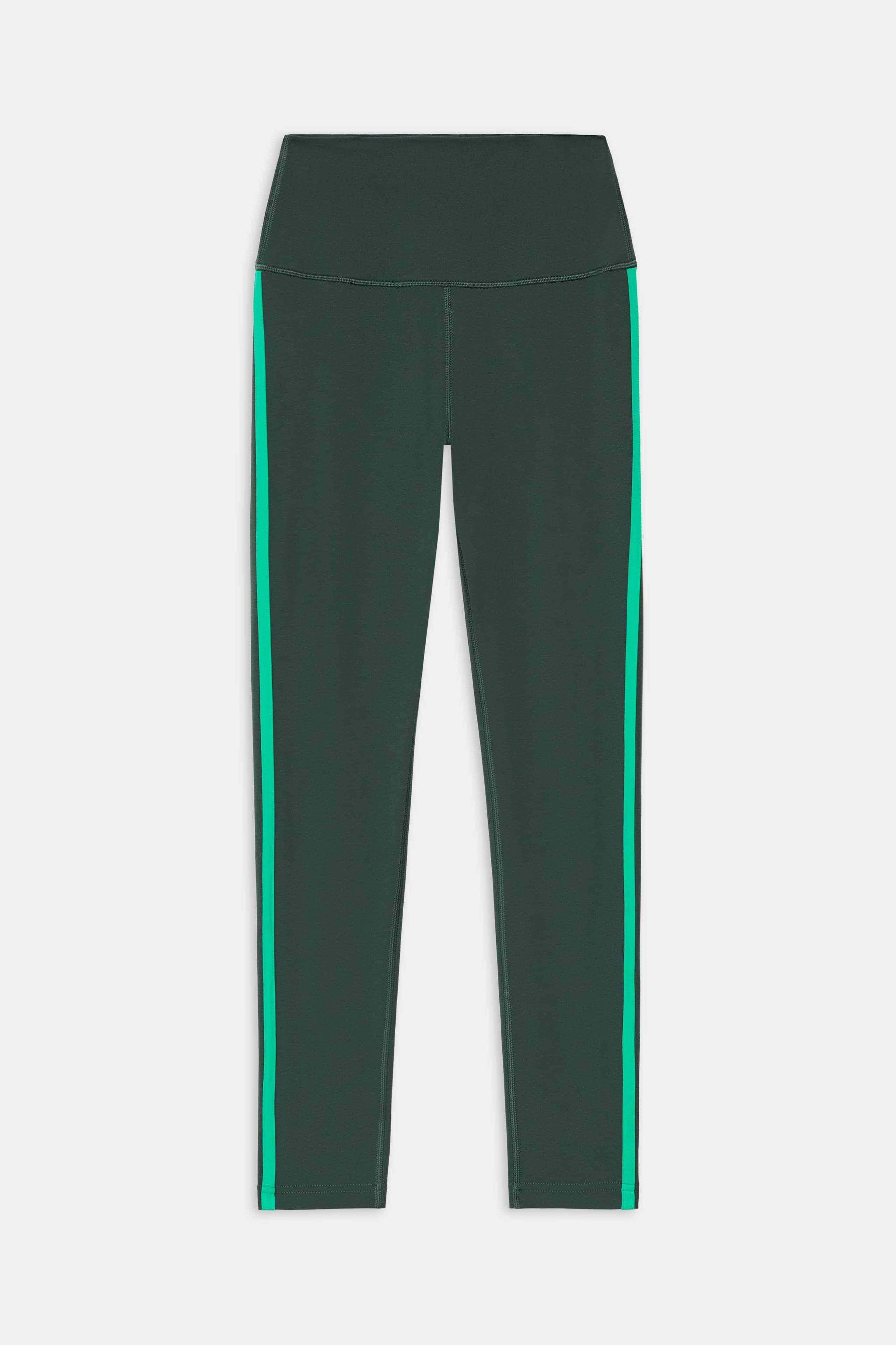 The SPLITS59 Amber Airweight High Waist 7/8 in Military/Spearmint features dark green fabric with bright green side stripes, made from ultra luxe material—perfect for hot yoga and shown laid flat on a white background.