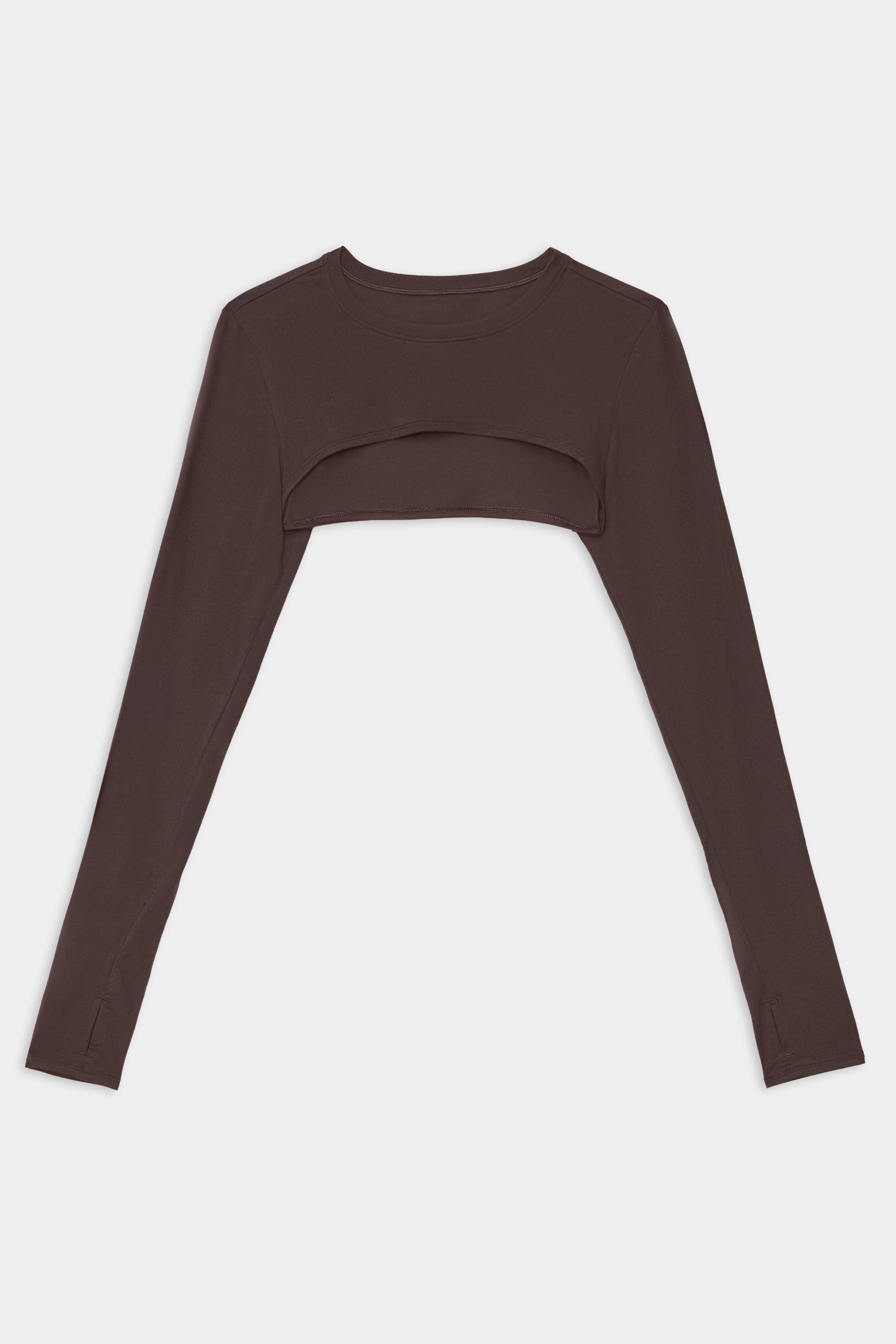 The SPLITS59 Amelia Airweight Lite Shrug in Dark Chocolate is a long-sleeve, cropped top with an open front and crew neckline, shown laid flat on a white background.