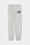 The SPLITS59 Andie Oversized Fleece Varsity 59 Sweatpant in heather grey features an elastic waistband, white drawstring, elastic cuffs, and black "59" on the left thigh—ideal for cool weather. MADE IN LOS ANGELES.