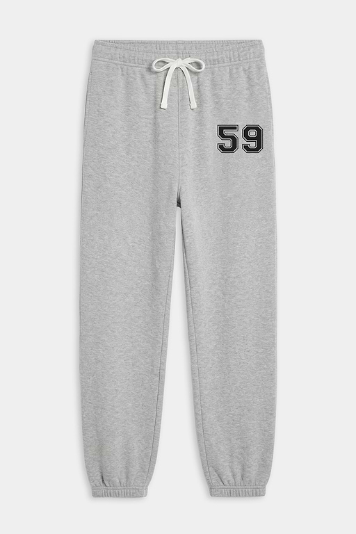 The SPLITS59 Andie Oversized Fleece Varsity 59 Sweatpant in heather grey features an elastic waistband, white drawstring, and black "59" print on the left thigh for an ultra luxe look.