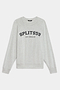 The SPLITS59 Andie Oversized Fleece Varsity Graphic Sweatshirt in Heather Grey features "SPLITS59 LOS ANGELES" printed on the front, with long sleeves and ribbed cuffs. Made in Los Angeles for a classic, cozy look.