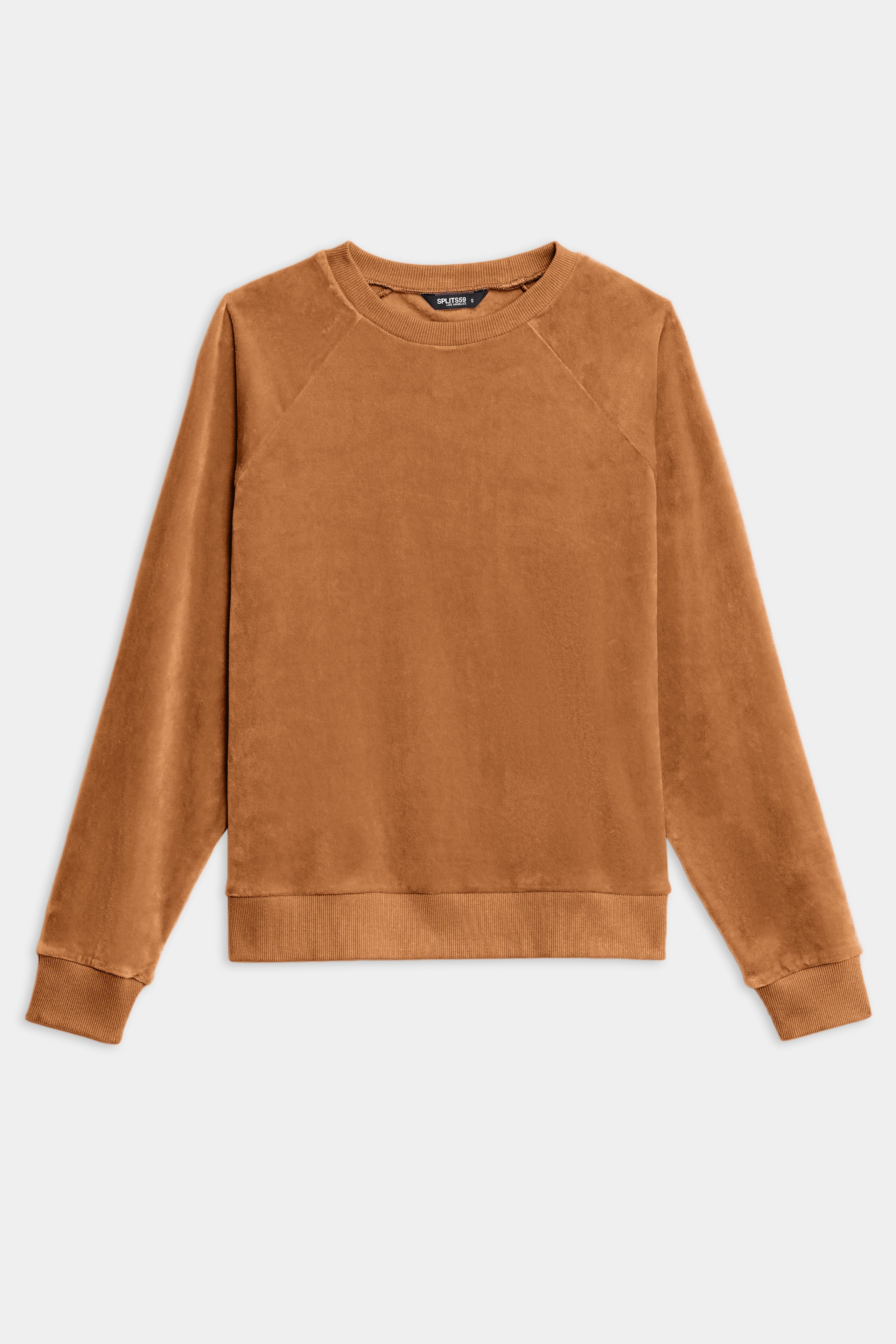 The SPLITS59 Joy Velour Crewneck, a long-sleeve sweatshirt in light brown, is shown laid flat on a white background.