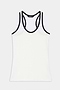 The SPLITS59 Ashby Rib Tank in White/Indigo is a sleeveless workout top featuring indigo trim on the neckline and armholes, made from soft baby rib fabric and displayed flat on a plain background.