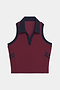 The SPLITS59 Austin Airweight Crop Polo is a sleeveless maroon knit top with a navy collar, trim, and two navy stripes on each armhole.