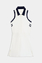 The Austin Rigor Dress by SPLITS59 is a white sleeveless dress featuring a navy collar, dual striped accents on each shoulder, a front zipper, and slight side slits.